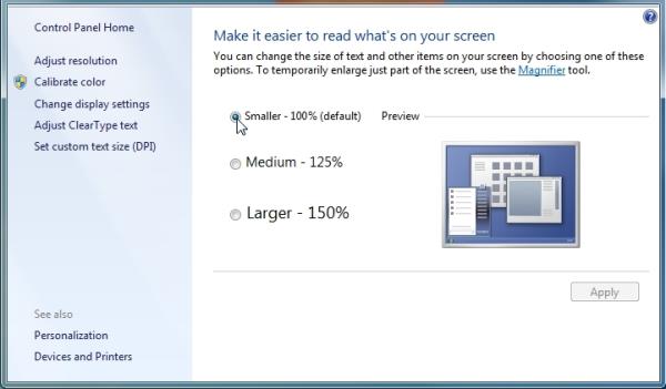 a screenshot of the Windows text size adjustment user interface